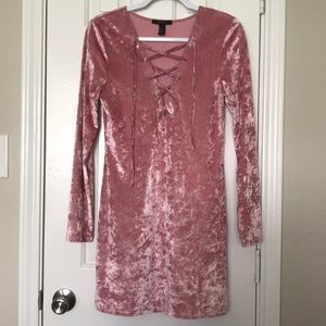 Crushed Pink Velvet Long-Sleeve Lace-up Dress